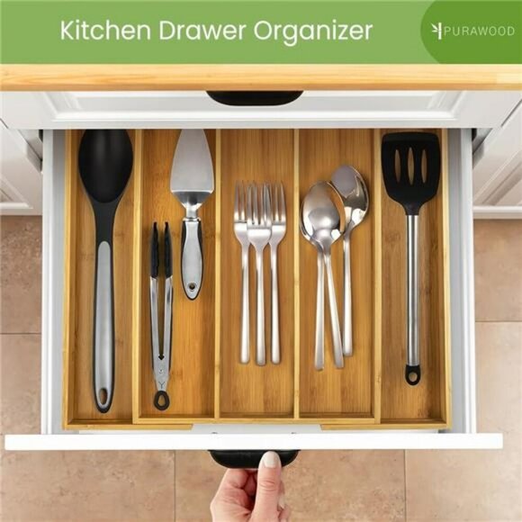 Expandable Bamboo Kitchen Drawer Organizer Utensil Flatware Cutlery Tray - Picture 4 of 6
